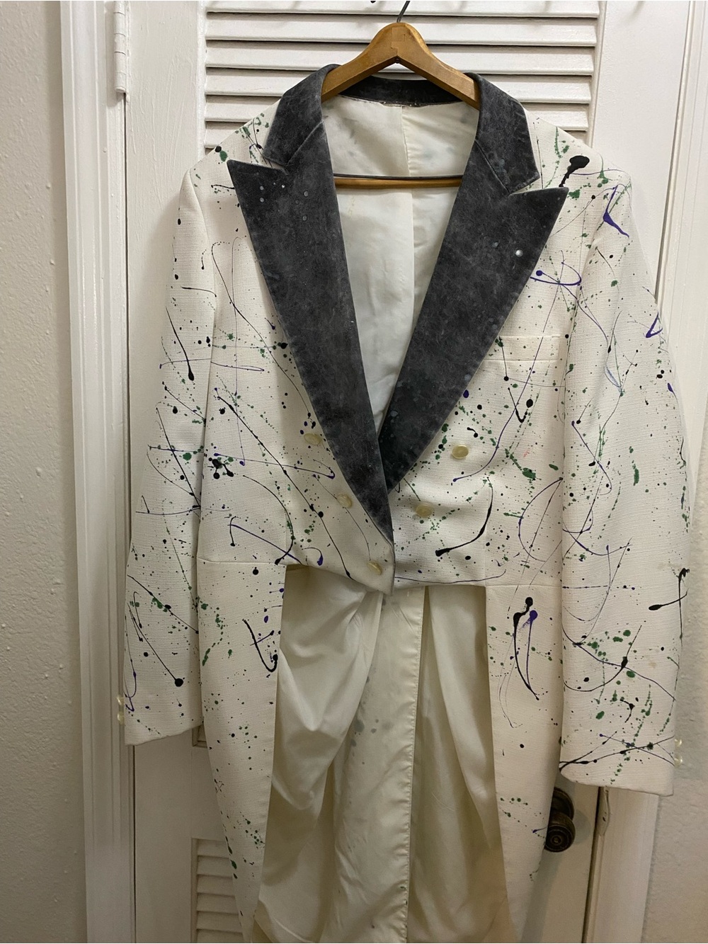 White Splatter Trench Coat with Black Velvet Lapel